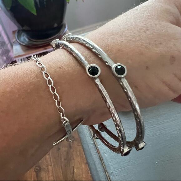 Silver Tone & Stone Bangle Bracelets Set of 2 - Picture 1 of 7